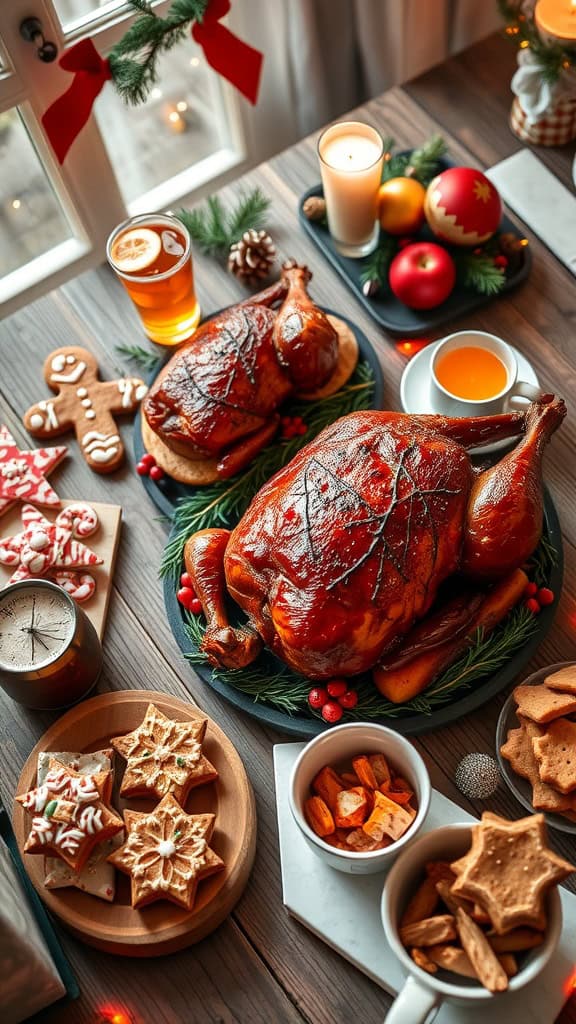 A beautifully arranged Christmas buffet with roasted meats, festive desserts, and warm drinks.