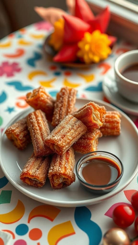 Delicious churro bites served with chocolate dip on a colorful table