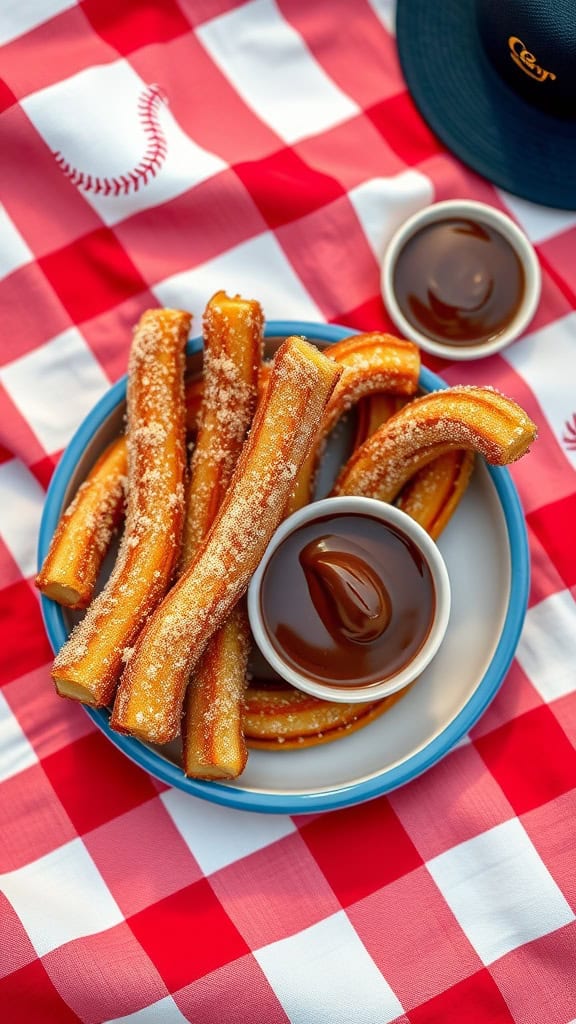 Churros on a plate with chocolate dip