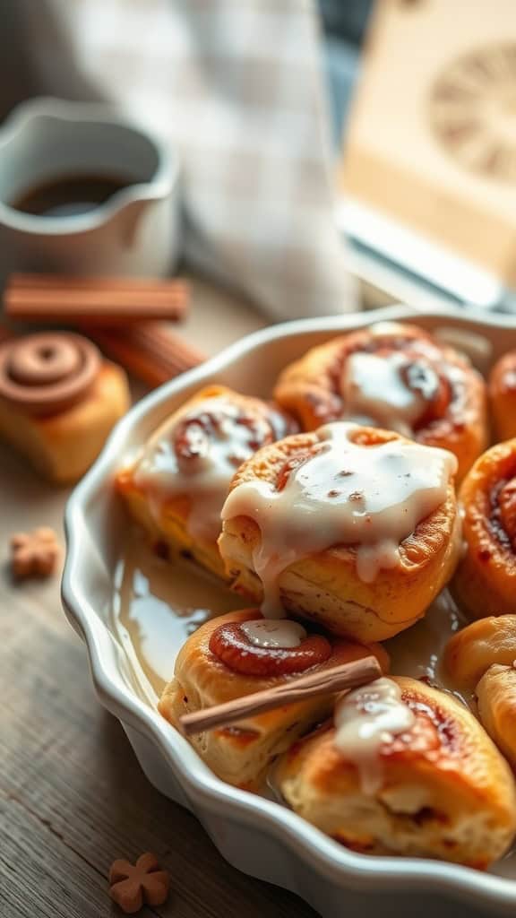 A delicious cinnamon roll casserole topped with icing and cinnamon sticks.