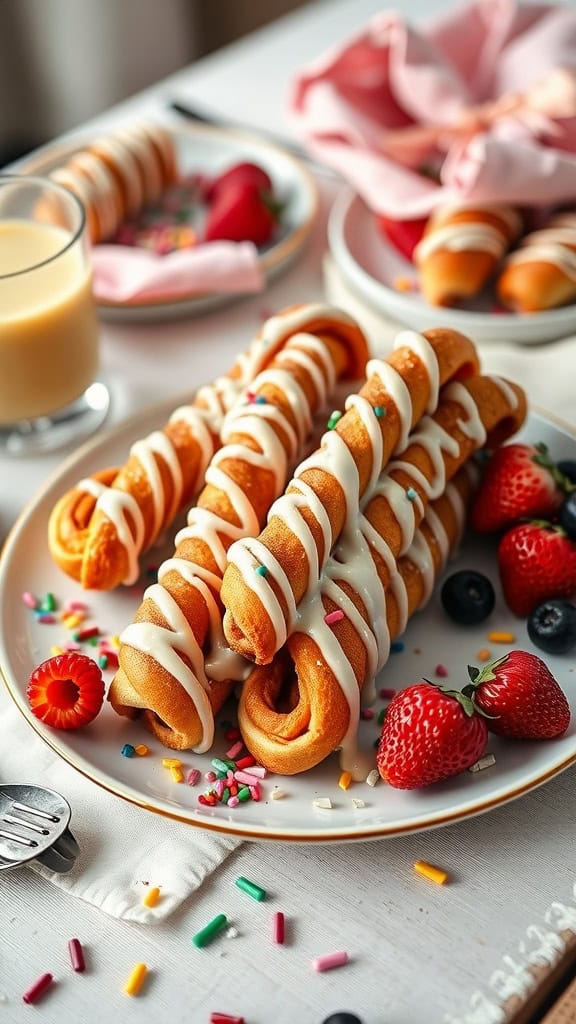 A plate of cinnamon roll twists drizzled with icing, served with fresh strawberries and colorful sprinkles.