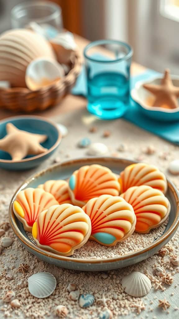 Colorful clam shell cookies decorated for an ocean-themed party