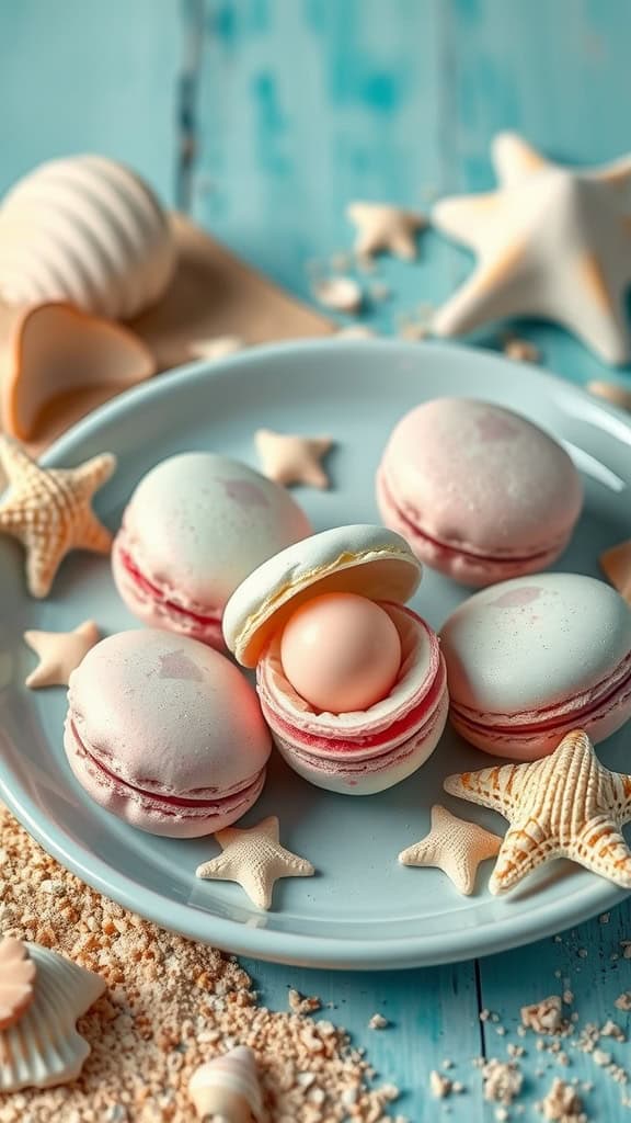 A plate of clam shell macarons with candy pearls inside