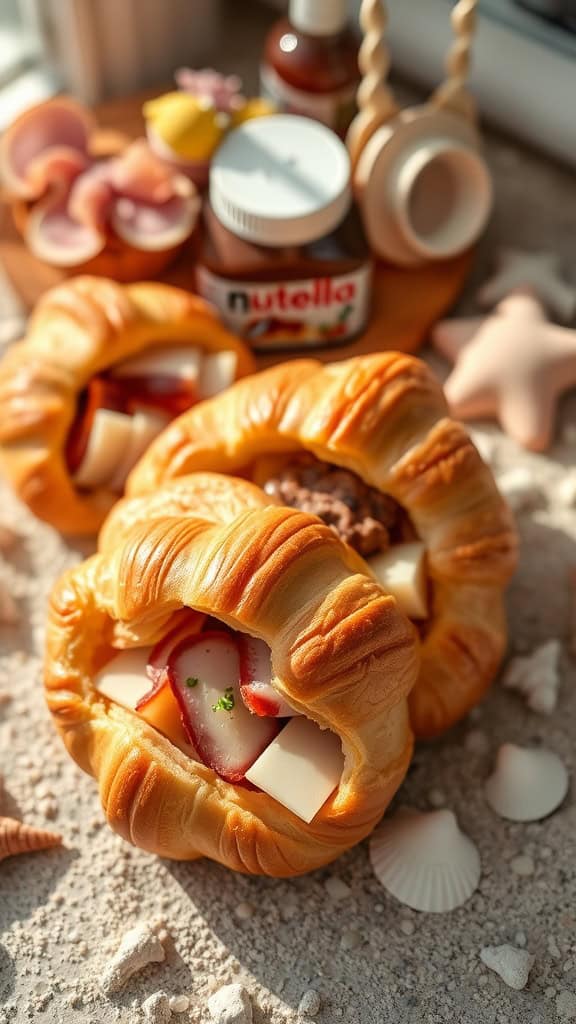 Clam shell sandwiches made from croissants filled with ham, cheese, and Nutella, perfect for a mermaid-themed party.