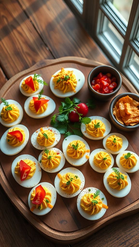 A platter of classic and gourmet deviled eggs, garnished with herbs and toppings.