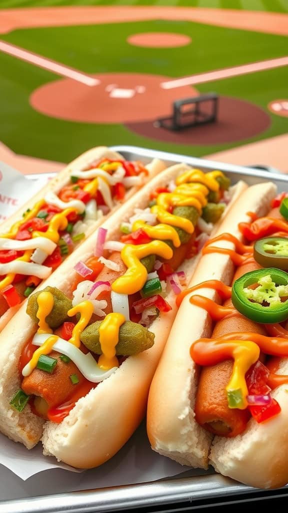 Classic ballpark hot dogs topped with fresh vegetables and condiments