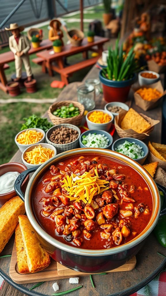 A delicious bowl of cowboy chili with various toppings and sides for a festive meal.