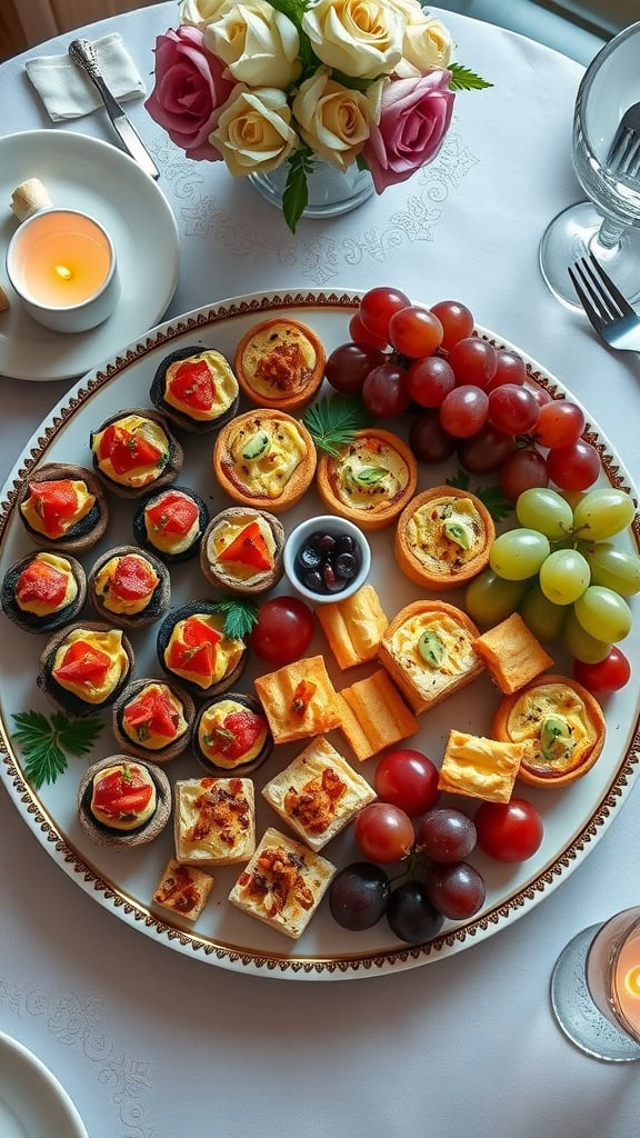 An assortment of appetizers including mini quiches and pastry bites on a decorative platter.