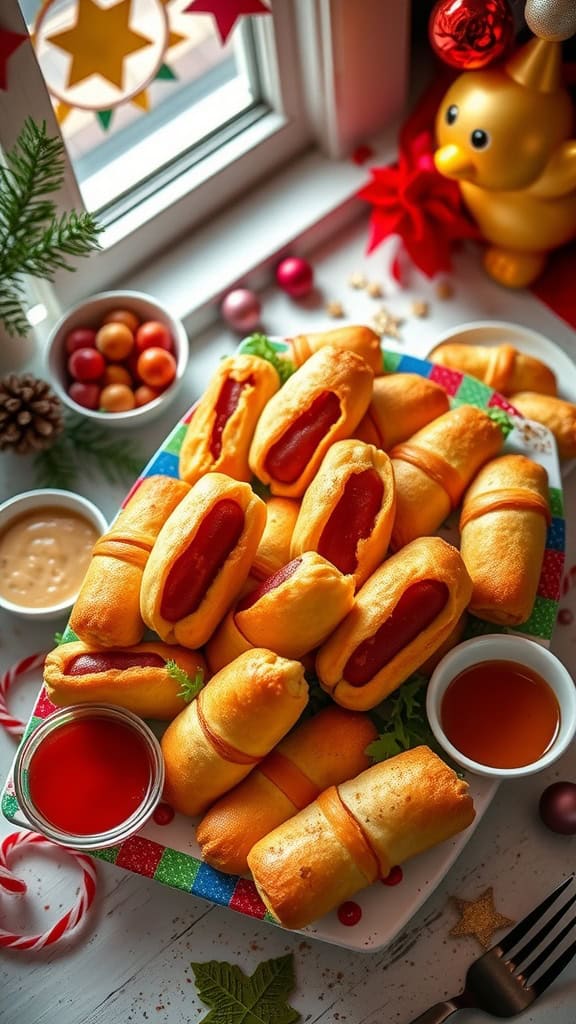 A plate of mini hot dogs wrapped in puff pastry served with dipping sauces.