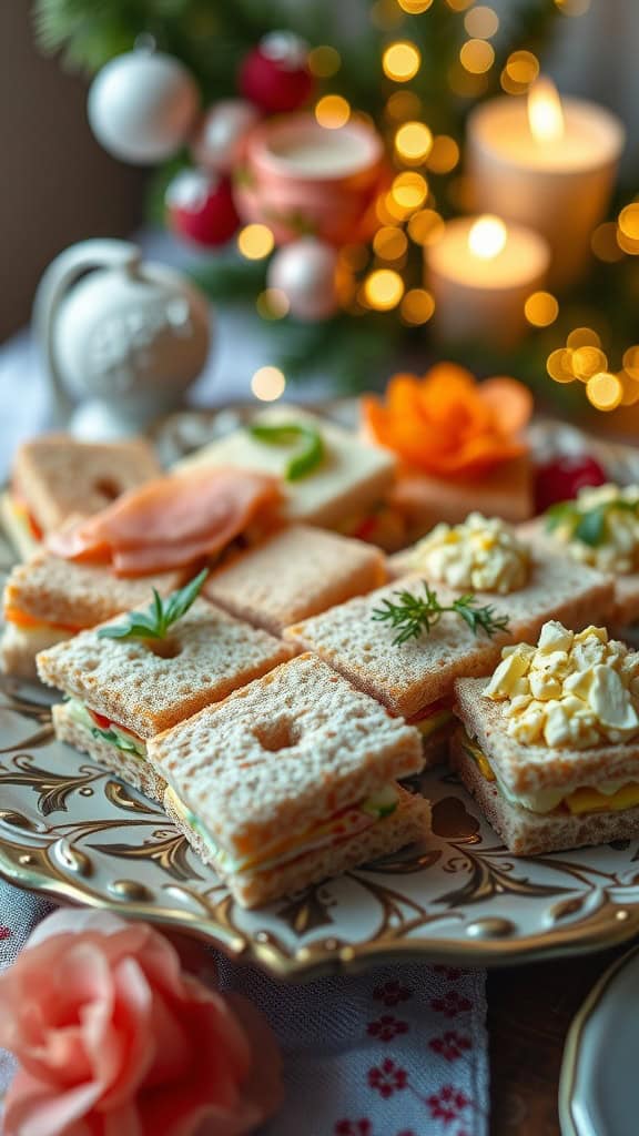 An assortment of classic finger sandwiches arranged elegantly on a platter.