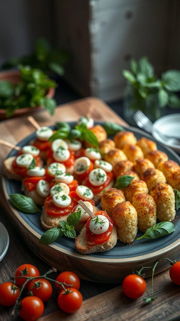 A platter of classic Italian appetizers featuring bruschetta with tomatoes and mozzarella, garnished with basil.