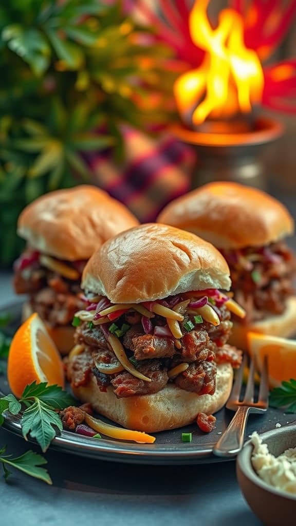 Delicious kalua pork sliders with tropical slaw on a plate