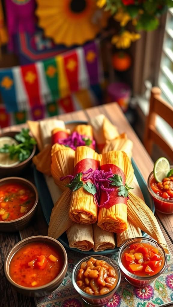 A colorful display of tamales with various salsas, surrounded by festive decorations.