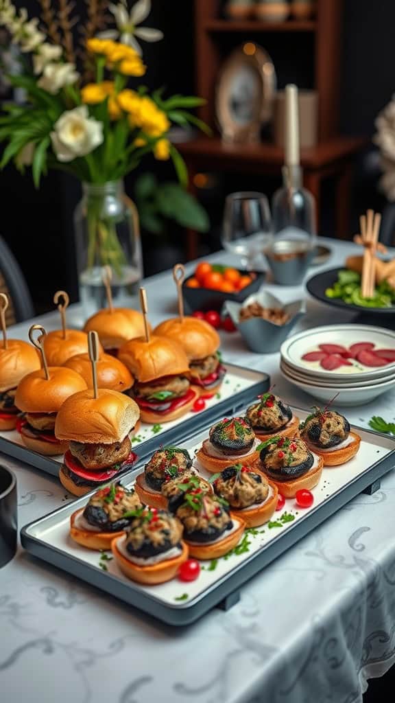 A table set with sliders and stuffed mushrooms for a party.