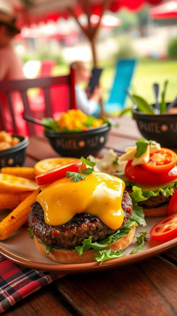 A plate of juicy smash burgers with lettuce, tomato, and melted cheese on top, served with fries and colorful summer vegetables.