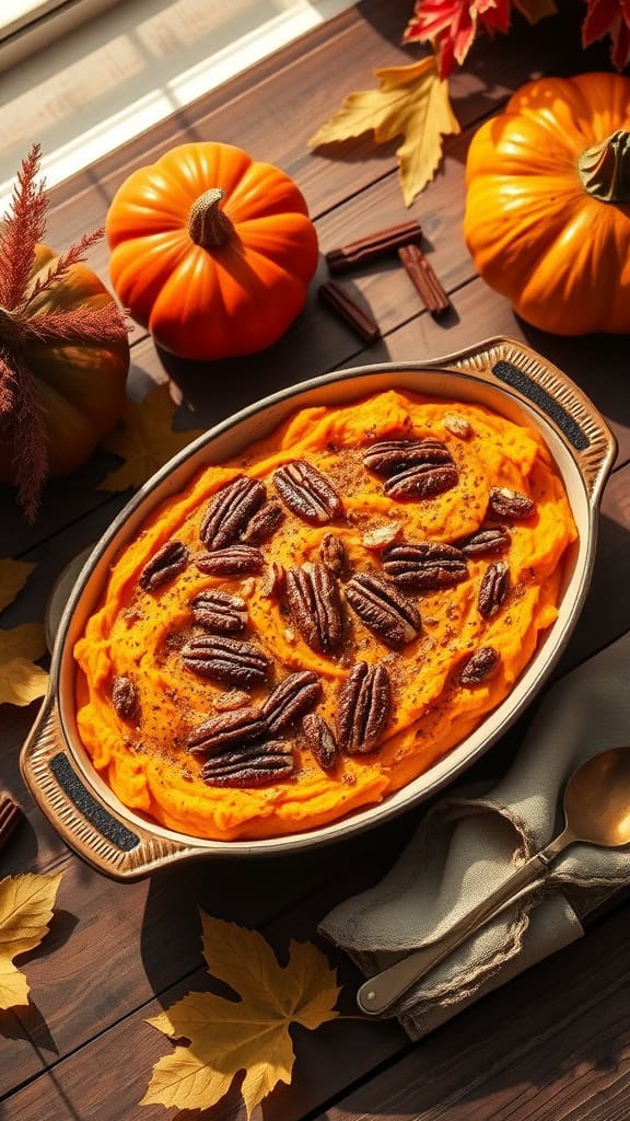 A warm, classic sweet potato casserole with a buttery crust and pecan topping, ideal for gatherings.