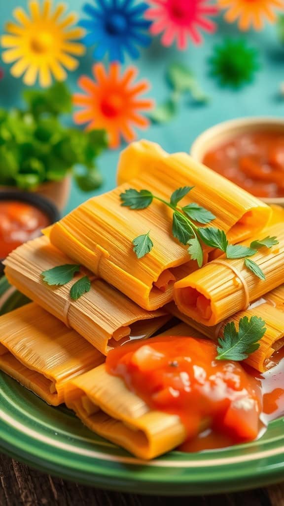 Classic tamales garnished with fresh tomatoes and cilantro, ready for a Cinco de Mayo celebration.