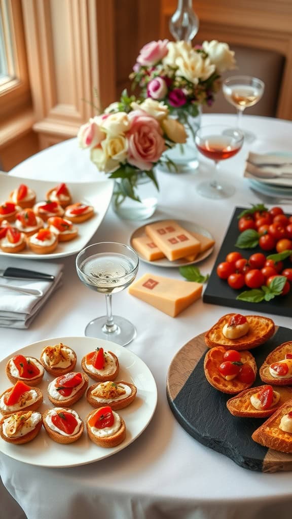 A sophisticated spread of appetizers featuring pastry shells filled with cherry tomatoes and mozzarella, along with fresh vegetables and hummus.