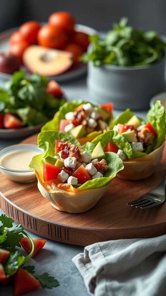 Cobb salad cups filled with lettuce, chicken, bacon, tomatoes, avocado, and feta cheese