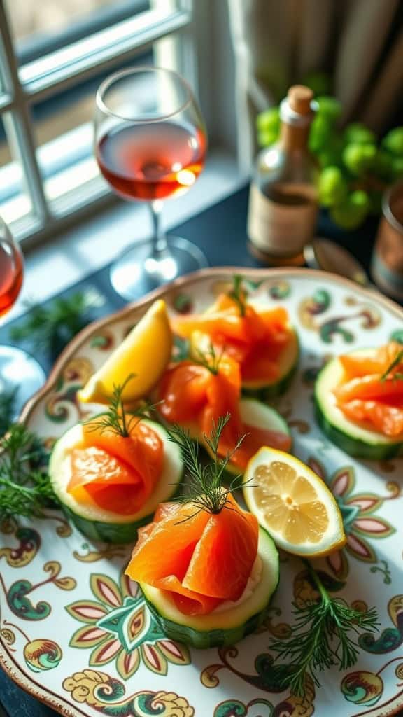 Smoked salmon cucumber canapés on a decorative platter