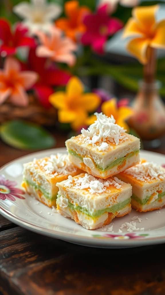 A plate of colorful Coconut Haupia Squares topped with shredded coconut