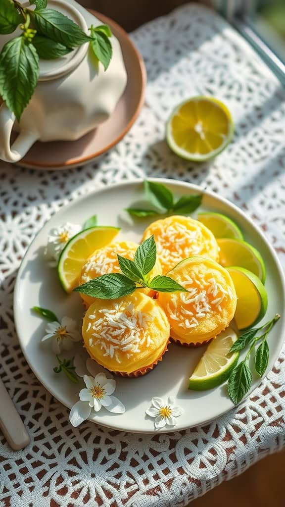 Delicious coconut lime tea cakes on a plate with lime slices and mint leaves