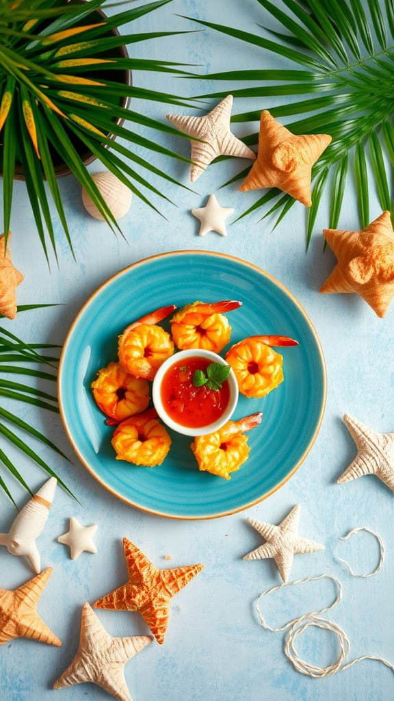 Crispy coconut shrimp served with a dipping sauce, perfect for a beach party.