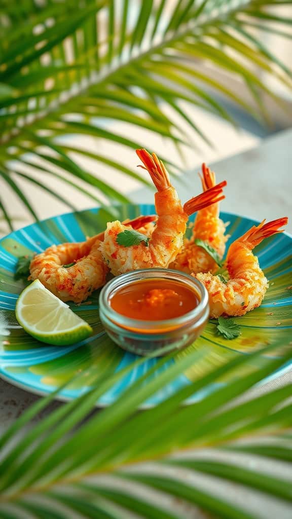 Coconut shrimp with sweet chili sauce on a colorful plate