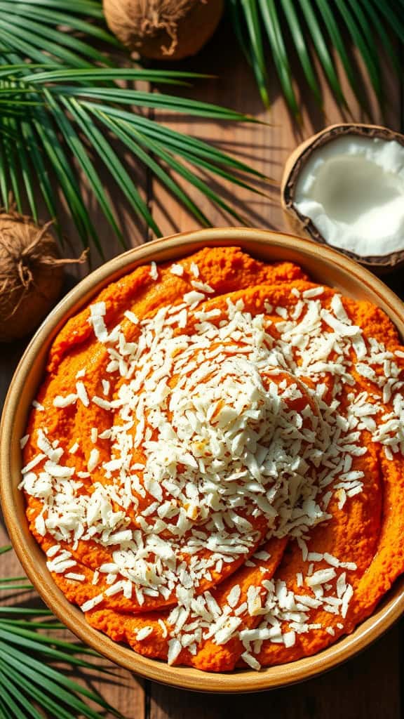 A vibrant Coconut Sweet Potato Casserole topped with shredded coconut.