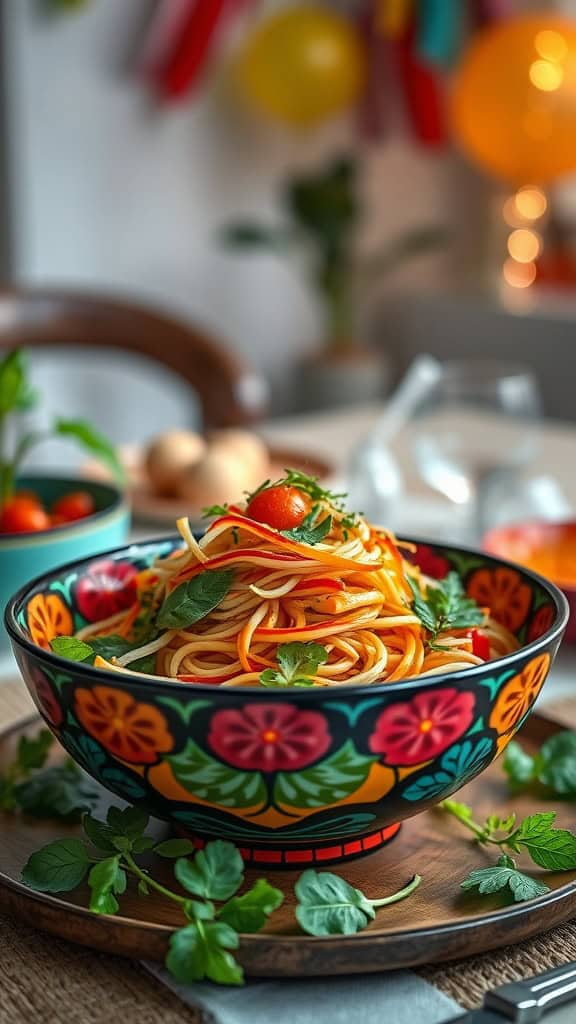 A vibrant bowl of cold Asian noodle salad with colorful vegetables and herbs.