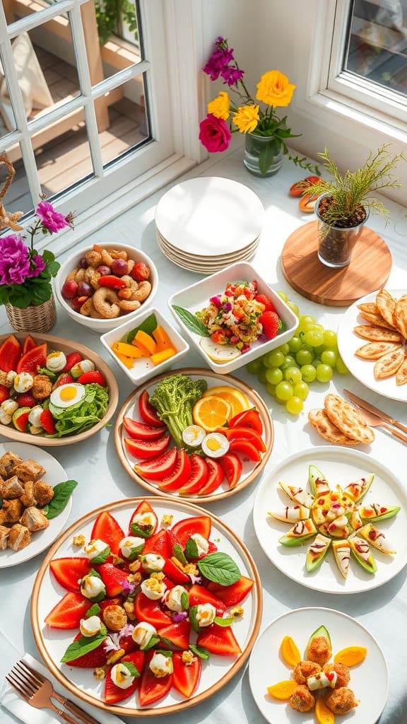 A variety of vibrant cold brunch dishes including salads and fruit platters.