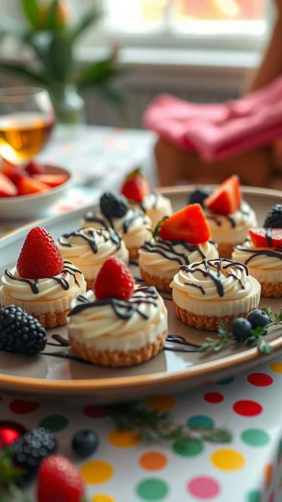 A plate of cold cheesecake bites topped with fresh strawberries and blackberries, drizzled with chocolate, set on a colorful table.