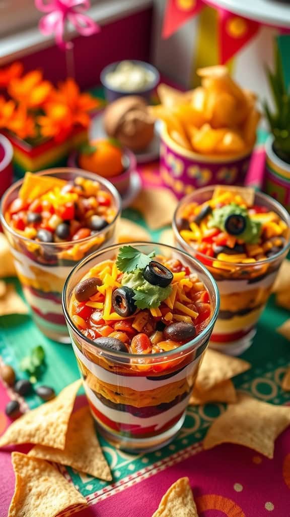 A vibrant display of individual seven-layer dip cups filled with colorful layers of beans, cheese, guacamole, and salsa, accompanied by tortilla chips.