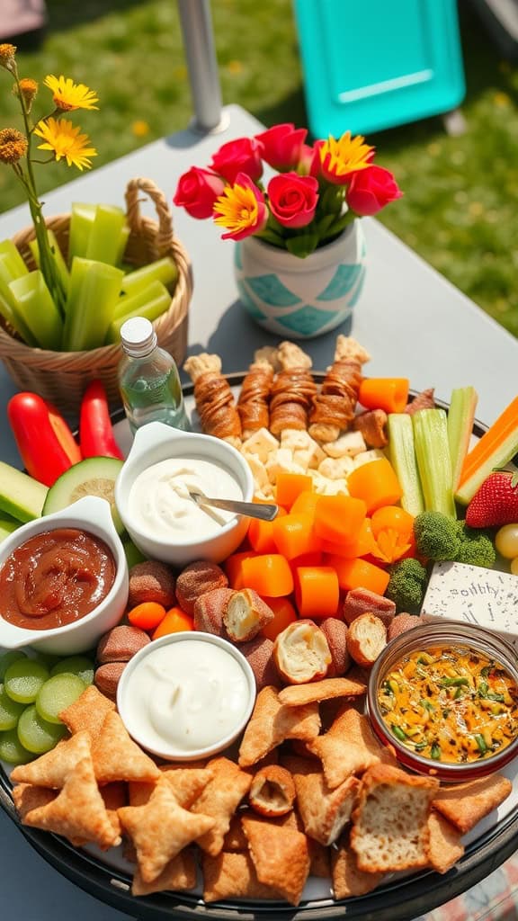 A colorful platter featuring fresh vegetables, dips, and snacks for a summer party.