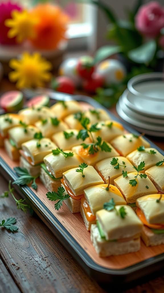 A platter of cucumber sandwiches arranged neatly, garnished with herbs.