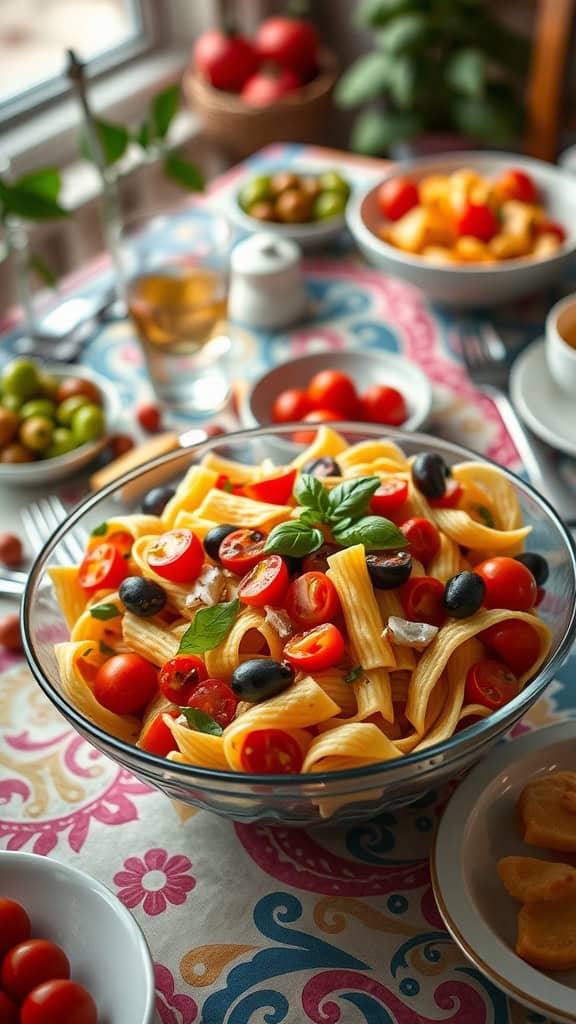 A colorful bowl of cold pasta salad with cherry tomatoes, olives, and basil on a festive table.