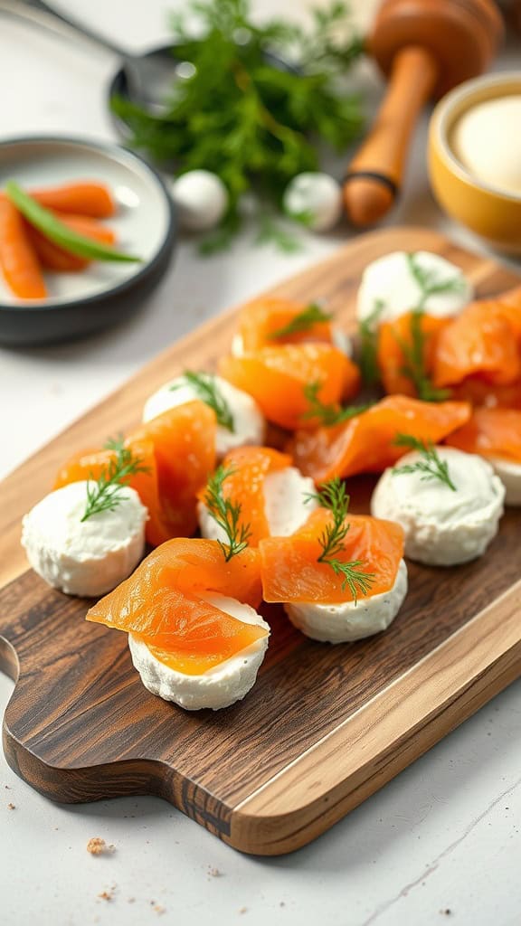 Cold smoked salmon and cream cheese bites arranged on a wooden platter