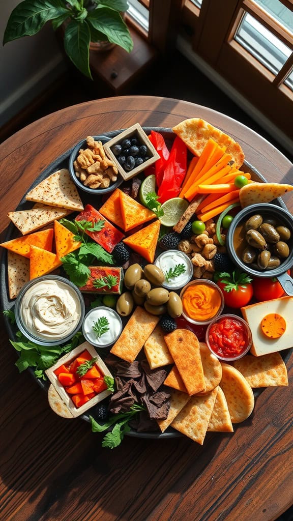 A colorful Mediterranean mezze platter with dips, vegetables, olives, cheese, and pita.