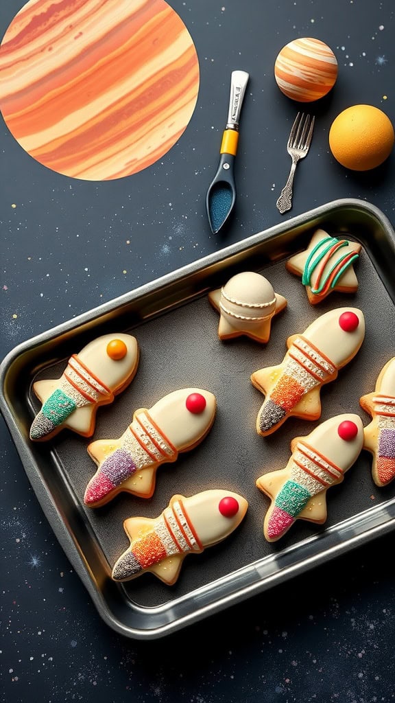 Colorful comet-shaped cookies with glitter tails on a baking tray