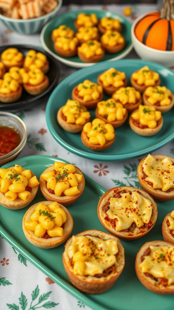 Mini macaroni and cheese cups arranged on a festive table