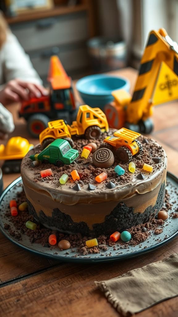 Delicious chocolate mud pie decorated with construction toys and colorful candies.