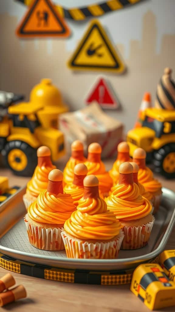 Bright orange frosted cupcakes decorated with candy cones for a construction-themed party.