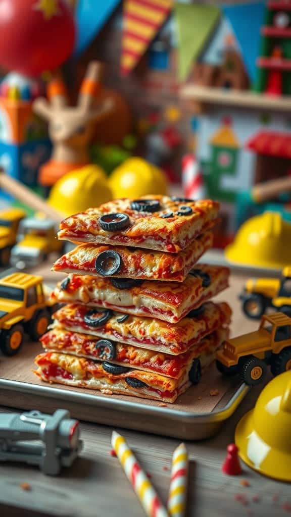 Delicious pizza squares topped with olives and cheese, perfect for a construction-themed birthday party.