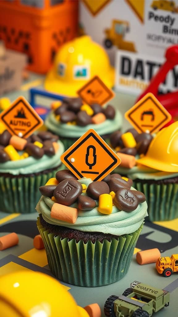 Construction Zone Cupcakes decorated with chocolate rocks and warning signs.