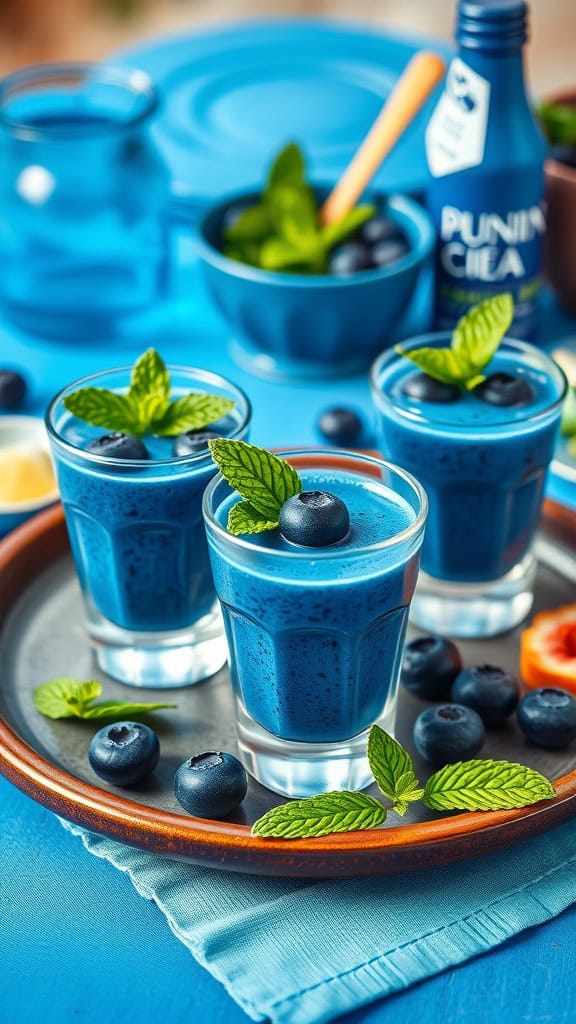 Three blue smoothie shots garnished with mint and blueberries on a plate