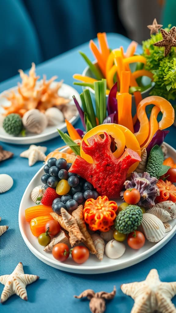 Colorful and healthy coral reef-themed veggie platter with various fresh vegetables and fruits.