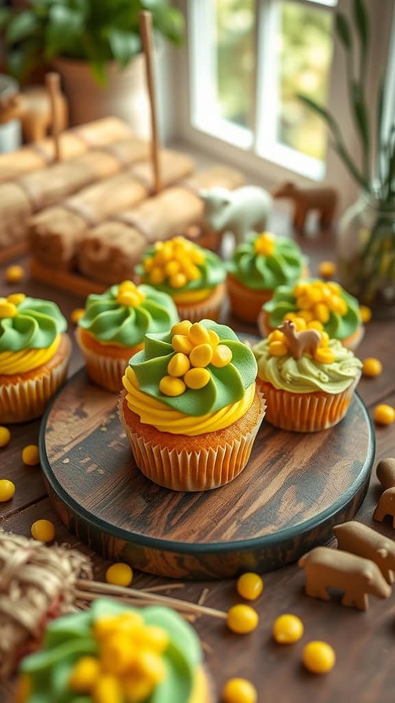 Colorful corn-on-the-cob themed cupcakes with green and yellow frosting topped with candy pieces.