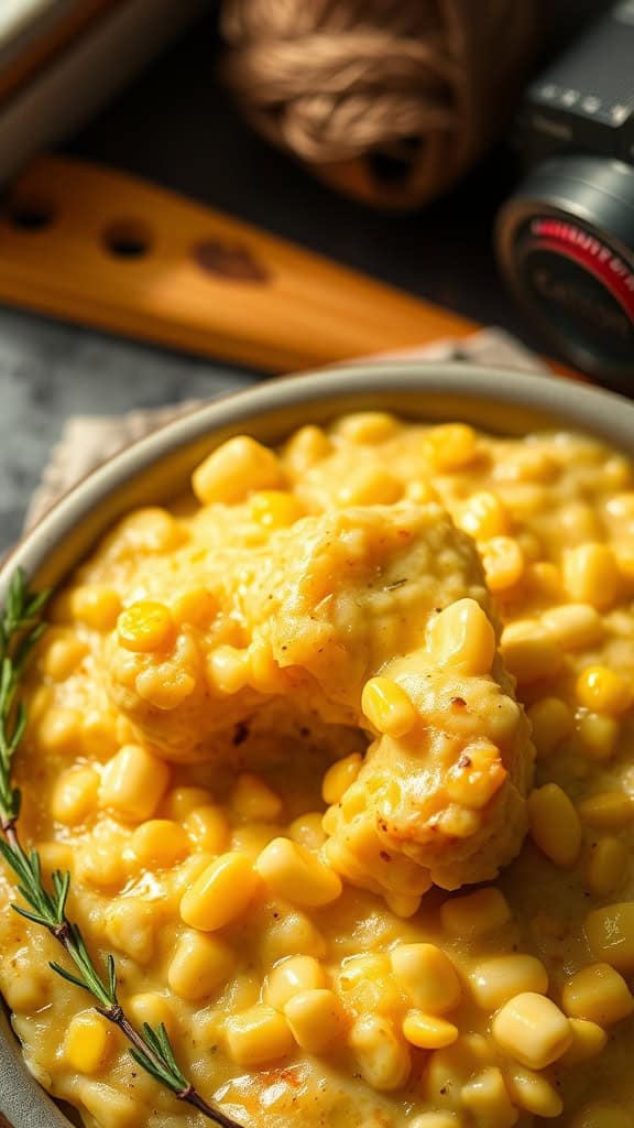 A serving of creamy corn casserole in a bowl.