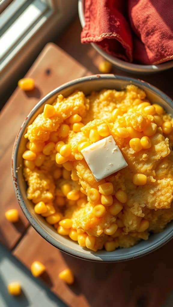 Bowl of corn casserole with butter on top and corn scattered around.