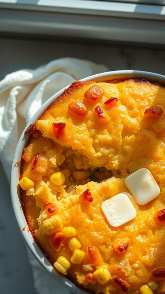 A delicious cornbread casserole topped with butter and corn.